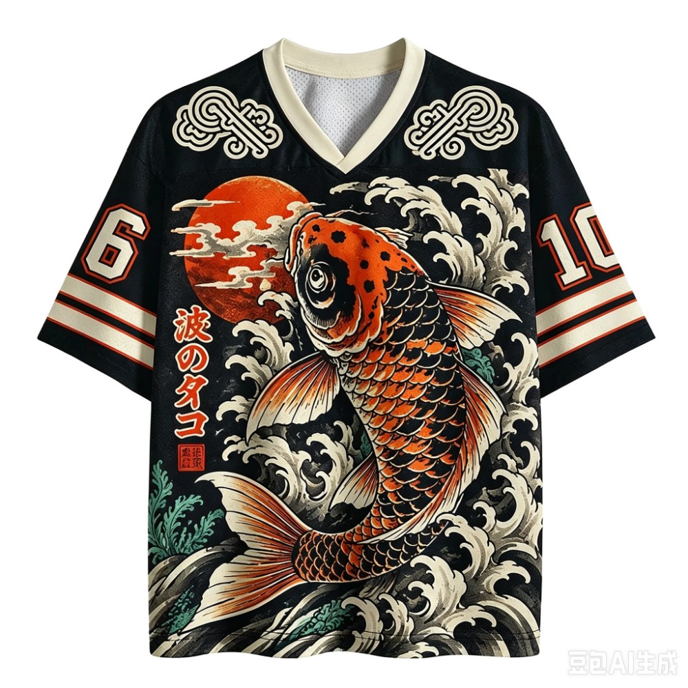 Men'S Fashion V Neck T Shirts - Японская футболка с принтом кои и